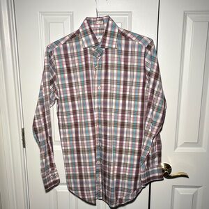 Peter Millar S Blue, Purple, Orange & White Plaid Button Down w/ Pocket Square
